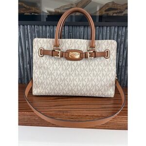 Michael Kors Hamilton Satchel Vanilla MK Monogram Logo Brown Leather Handbag